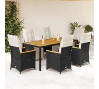 QUAHEAS Ensemble de Bistro de Jardin 7 pcs en résine tressée Noir avec Coussins Blanc crème modulables, Table en Bois d'acacia Massif, 6 fauteuils inclinables pliants pour terrasse, Balcon