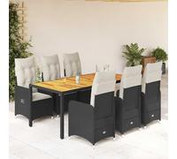 QUAHEAS Ensemble de Bistro de Jardin 7 pcs en résine tressée Noir avec Coussins crème, Table en Bois d'acacia 190x90 cm, 6 chaises inclinables pour terrasse, Balcon, Patio, extérieur, Repas détente