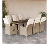QUAHEAS Ensemble de Bistro de Jardin 9 pcs en Poly rotin Beige avec Coussins Amovibles, fauteuils inclinables, Table en Verre trempé pour terrasse, Balcon, Patio, mobilier extérieur résistant