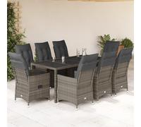 QUAHEAS Ensemble de Bistro de Jardin 9 pcs en résine tressée Gris avec Coussins Amovibles, fauteuils inclinables, Table en Verre trempé pour terrasse Balcon Patio extérieur Repas détente
