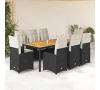 QUAHEAS Ensemble de Bistro de Jardin 9 pcs en résine tressée Noir avec Coussins Blanc crème, Table Bois d'acacia Massif 190x90x75 cm, chaises inclinables 110 kg