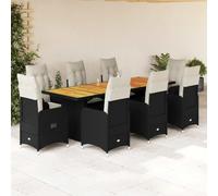 QUAHEAS Ensemble de Bistro de Jardin 9 pcs en résine tressée Noir avec Coussins crème, Table en Bois d'acacia Massif, 8 chaises inclinables, idéal pour terrasse, Balcon, Patio