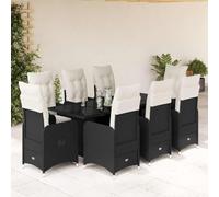 QUAHEAS Ensemble de Bistro de Jardin 9 pcs en rotin PE Noir avec Coussins crème Amovibles, Table Verre trempé 190x80 cm, fauteuils inclinables et Repose-Pieds pour terrasse Balcon extérieur Patio