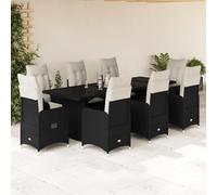 QUAHEAS Ensemble de Bistro de Jardin 9 pièces en Poly rotin Noir avec Coussins crème, chaises inclinables, Table en Verre trempé, idéal terrasse Balcon extérieur Repas détente