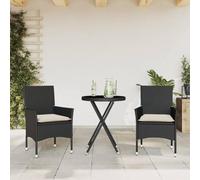 QUAHEAS Ensemble de Bistro résine tressée Noir avec Coussins crème, Table Verre trempé 60x75 cm, 2 chaises 53x61x83 cm, mobilier extérieur pour terrasse, Balcon, Jardin détente Repas