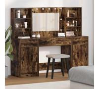 QUAHEAS Ensemble de coiffeuse avec éclairage LED, 3 pièces, chêne fumé, 158,5 x 41 x 135 cm, avec tiroir, espace de rangement, miroir et tabouret pour chambre à coucher
