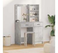 QUAHEAS Ensemble de coiffeuse en béton gris avec miroir LED, en bois 50 x 41 x 135 cm, 2 tiroirs, porte, système d'étagère, source d'alimentation USB, table cosmétique de maquillage avec espace de