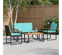 QUAHEAS Ensemble de Meubles d'extérieur 4 pcs Noir et Turquoise en polyrotin avec Coussins Amovibles, Table en Bois d'acacia à Lattes, Cadre en Acier Peint, idéal pour terrasse, Jardin, Balcon