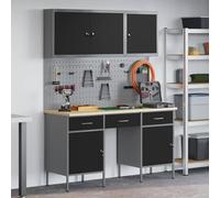 QUAHEAS Établi avec rangement - 10 pièces - Noir - En bois et acier - Chariot d'atelier et rangement d'outils avec tiroir, étagère et paroi perforée pour garage, cave, atelier