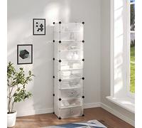QUAHEAS Étagère à chaussures transparente avec cadre en acier, 44 x 31,5 x 153,5 cm, plastique PP, peu encombrant et empilable, avec porte et crochet, idéale pour couloir, couloir, garde-robe et