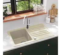 QUAHEAS Évier en granit simple beige en 80 % quartz et 20 % résine, 765 x 460 mm, montage réversible à gauche et à droite, résistant à la chaleur jusqu'à 280 °C