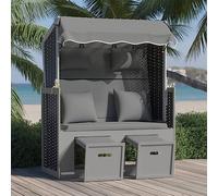 QUAHEAS Fauteuil-cabine de plage anthracite noir en polyrotin bois massif avec coussin, dossier réglable, tabourets extensibles pour jardin, terrasse, plage