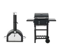 QUAHEAS Four à pizza d'extérieur 3 en 1 et barbecue noir en acier revêtu par pulvérisation avec pierre à pizza, thermomètre, tables d'appoint pliables et roues pour jardin, balcon et barbecues
