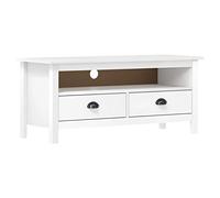 QUAHEAS Hill Meuble TV blanc en pin massif 110 x 40 x 47 cm avec 2 tiroirs, compartiment, espace de rangement et canal de câbles, meuble bas pour salon, chambre à coucher, coin de jeu