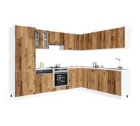 QUAHEAS Kalmar Lot de 14 armoires de cuisine aspect bois vieilli avec beaucoup d'espace de rangement, pieds réglables, autoportant, comprend une armoire haute, une armoire basse, une vitrine et un