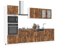 QUAHEAS Kalmar Lot de 7 armoires de cuisine en bois de chêne fumé avec pieds réglables, beaucoup d'espace de rangement, autonome, comprenant une armoire haute, une armoire basse, une vitrine et un