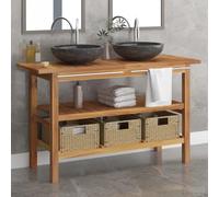 QUAHEAS Lavabo avec lavabo en marbre noir, meuble de salle de bain en teck massif, 132 x 45 x 75 cm, 2 bacs, 3 paniers, stable et durable