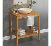 QUAHEAS Lavabo en teck massif - 74 x 45 x 75 cm - Avec lavabo en marbre blanc crème - Meuble de salle de bain - Barre porte-serviettes stable