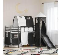 QUAHEAS Lit Mezzanine Enfant Uni Noir en métal 90 x 190 cm avec sommier à Lattes, Structure Robuste et Rideaux en Maille Bleu et Noir pour Chambre Studio ou dortoir
