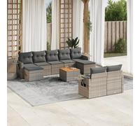 QUAHEAS Lot de 10 canapés de jardin gris en polyrotin avec coussins, résistant aux intempéries, ensemble modulaire pour terrasse, balcon, véranda, salon d'extérieur avec table d'appoint et housse