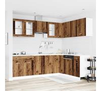 QUAHEAS Lot de 11 armoires de cuisine Lyon aspect bois vieilli, meuble basse, armoire suspendue, vitrine, tiroir, espace de rangement, plan de travail, autonome, salle à manger, micro-ondes