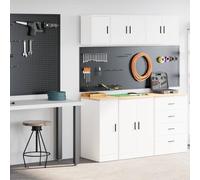 QUAHEAS Lot de 2 armoires de garage en bois blanc avec plan de travail en bois massif, armoire d'atelier avec portes battantes et étagère, rangement pour outils, garage, cave, bureau, entrepôt