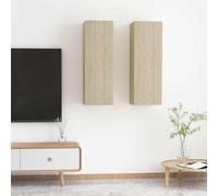 QUAHEAS Lot de 2 armoires TV en chêne Sonoma - 30,5 x 30 x 90 cm - Armoire murale avec espace de rangement et étagères pour salon, chambre à coucher, jeu - Étagère d'angle et canal de câbles