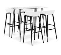 QUAHEAS Lot de 5 tabourets de bar blancs avec plateau en MDF et cadre en métal, 120 x 60 x 105 cm, 4 tabourets de bar robustes en polypropylène avec dossier bas, ensemble de meubles modernes pour