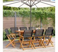 QUAHEAS Lot de 8 chaises de jardin pliantes, noires, en polyrotin et bois d'acacia massif, 54 x 57 x 91 cm, chaises d'extérieur robustes avec accoudoirs, idéales pour terrasse, balcon, jardin, loisirs