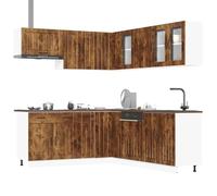 QUAHEAS Lucca Lot de 11 armoires de cuisine en bois de chêne fumé avec beaucoup d'espace de rangement, pieds réglables, autoportant, avec tiroir, armoire basse, vitrine, idéal pour salle à manger et