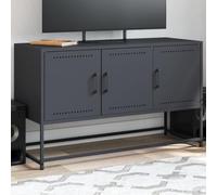 QUAHEAS Meuble TV anthracite en acier 100,5 x 39 x 60,5 cm avec 3 compartiments et support mural, meuble bas moderne de salon pour espace de rangement et appareils multimédia