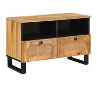 QUAHEAS Meuble TV avec étagère en bois de manguier massif marron 70 x 33 x 46 cm avec 2 tiroirs et 2 étagères pour salon et home cinéma espace de rangement et étagère