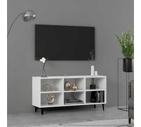 QUAHEAS Meuble TV avec pieds en métal, blanc, 103,5 x 30 x 50 cm, 6 compartiments de rangement, meuble pour salon, chambre à coucher, meuble TV avec passe-câbles et support, commode basse moderne