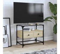 QUAHEAS Meuble TV avec plateau en verre, chêne Sonoma 60 x 35 x 51 cm, en bois avec deux tiroirs, cadre en métal, espace de rangement, support mural, étagère pour salon, buffet, commode