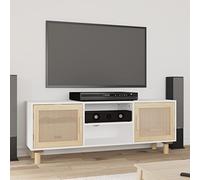 QUAHEAS Meuble TV blanc 105 x 30 x 40 cm en bois massif de pin et rotin naturel avec beaucoup d'espace de rangement, étagère, porte et compartiment pour salon, chambre à coucher, coin de jeu, commode