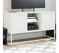 QUAHEAS Meuble TV blanc en acier 100,5 x 39 x 60,5 cm avec espace de rangement et étagère, table basse pour salon, chambre à coucher, commode avec compartiment et porte, console de meubles pour