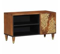 QUAHEAS Meuble TV en bois de manguier massif marron miel 80 x 33 x 46 cm avec porte et espace de rangement, console multimédia pour salon, rack hi-fi et rangement, design moderne avec accents en