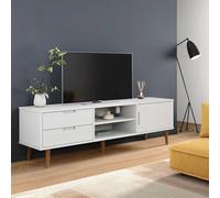 QUAHEAS Meuble TV MOLDE blanc en pin massif 158 x 40 x 49 cm avec vernis UV, 2 tiroirs, 3 compartiments et porte, espace de rangement pour salon, chambre à coucher et coin de jeu