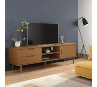 QUAHEAS Meuble TV MOLDE en pin massif marron 158 x 40 x 49 cm avec espace de rangement, tiroirs, compartiments, porte pour salon, chambre à coucher, étagère et gestion des câbles