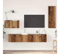 QUAHEAS Meuble TV mural en bois vieilli, 4 pièces, montage mural avec portes et étagères, buffet de rangement, buffet pour salon, commode avec étagère et passe-câbles, design moderne, peu encombrant