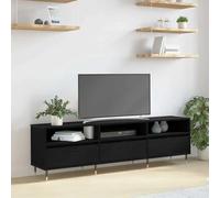 QUAHEAS Meuble TV noir aspect chêne en bois 150 x 30 x 45 cm avec 3 portes et étagères, meuble bas moderne pour salon, espace de rangement polyvalent et pieds coniques stables en acier
