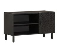 QUAHEAS Meuble TV noir en bois de manguier massif 80 x 31 x 46 cm avec espace de rangement et pieds en fer stables pour salon, buffet, commode, étagère et rangement