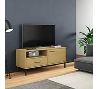QUAHEAS Oslo Meuble TV en pin massif marron avec pieds en métal 106 x 40 x 46,5 cm, 1 tiroir, 1 porte, espace de rangement pour salon, meuble bas moderne et buffet