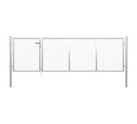 QUAHEAS Portail de jardin en acier - 350 x 150 cm - Argenté - Porte de clôture avec treillis - Verrouillable avec serrure et 3 clés - Poteaux galvanisés pour terrain, porte de cour, portail battant