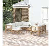 QUAHEAS Salon de Jardin 10 pièces en Bambou Blanc crème avec Coussins modulables Ensemble canapé d'extérieur pour terrasse Balcon Patio Repas détente Angle encastrable