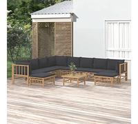 QUAHEAS Salon de Jardin 11 pcs en Bambou avec Coussins Gris foncé Ensemble modulable encastrable pour terrasse Balcon extérieur Repas détente Patio
