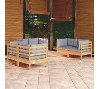 QUAHEAS Salon de Jardin 6 pièces avec Coussins Gris en Bois de pin Massif, Ensemble canapé modulable pour terrasse Balcon extérieur, Meuble encastrable Robuste pour détente Repas Patio