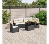 QUAHEAS Salon de Jardin 7 pcs avec Coussins Noir résine tressée Bois métal modulable encastrable Pliant canapé Fauteuil Table Chaise Banquette extérieur Patio terrasse Balcon Repas détente Lounge