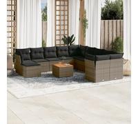 QUAHEAS Salon Jardin 12 pcs Gris résine tressée avec Coussins modulables Ensemble canapé Fauteuil Table extérieur terrasse Balcon Bois métal pour détente Repas Lounge encastrable Pliant Angle