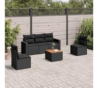 QUAHEAS Salon Jardin 6 pièces avec Coussins Noir en résine tressée et Acier Enduit, Table Bois d'acacia, Ensemble modulable encastrable pour terrasse Balcon Patio extérieur détente Repas